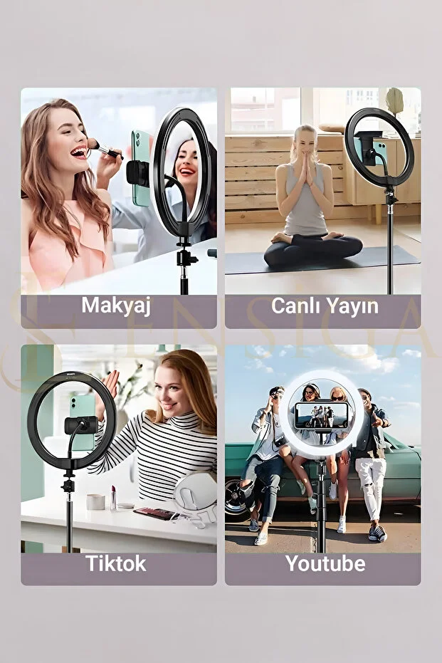 Kumandalı Youtuber Tiktok Çekim Işıklı Telefon Tutucu Makyaj Işığı Ring Light 10 Inç + 2.1 M Tripod